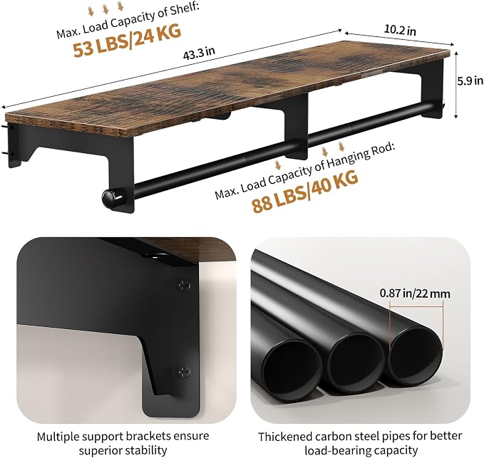 Luxspire 43.3" Wall Mount Clothes Rack with Wood Top Shelf Hanging Clothes | Black + brown, heavy duty rust-resistant metal, extra top shelf decor storage, easy install on wood brick walls