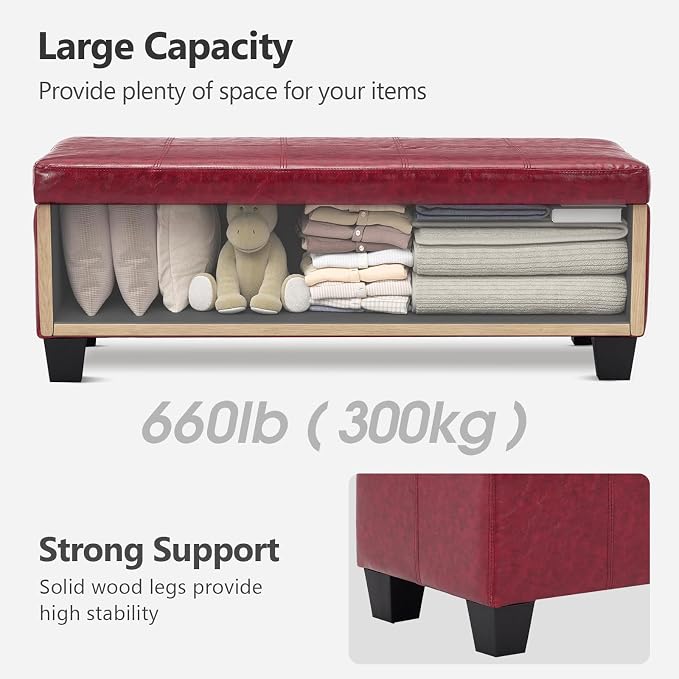 41.5 Inch Burgundy Red Faux Leather Storage Ottoman Bench Accent Furniture | 2.8 cu ft hidden storage,660 lbs weight capacity,solid wood legs,decorative piece for living room bedroom