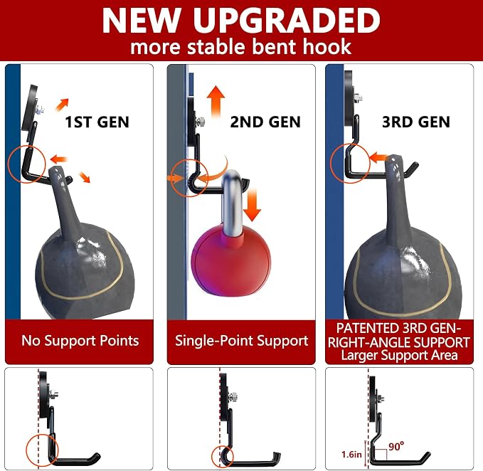 3-H Heavy Duty Magnetic Hooks,No-Drill Garage Power Tool Holder, 4 Pack | Patented Extended Right-Angle Support boosts load capacity. Works on iron & steel surfaces, perfect for workshop,shed