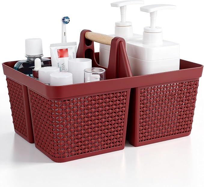 UUJOLY Portable Plastic Shower Caddy Basket with Wooden Handle, Red | Divided Storage Organizer Tote for Bathroom, Dorm, College, Kitchen & RV – Lightweight, Easy-Carry Essentials Caddy