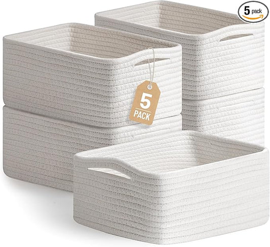 5 Pack White Small Woven Storage Baskets for Shelves, Cotton Rope Baskets Organizer for Bathroom, Closet & Nursery, Decorative Storage Bins for Organizing Socks, Toys, 11.8"x7.9"x4.7"