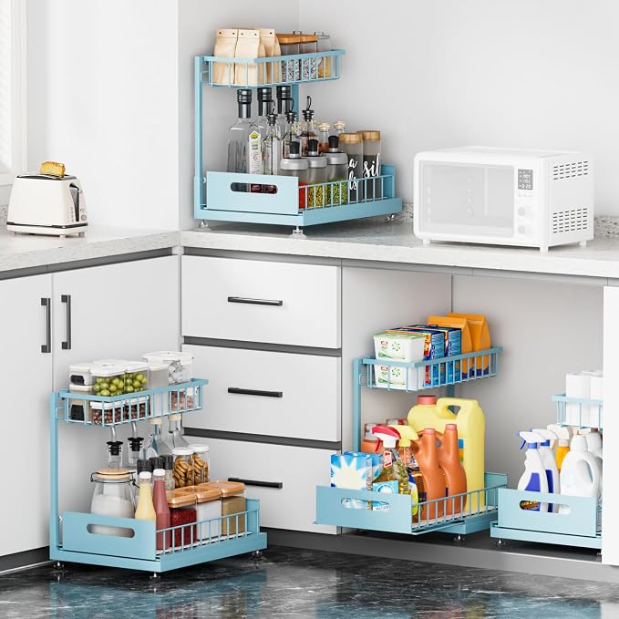 Saydear L-Shaped Under Sink Organizer, 2-Tier Pull-out Cabinet Rack 1-Pack | Teal Height-Adjustable Steel Rack, Sliding Grid Drawers with PP Liners, Holds 100 Lbs, Suction Base, Ideal Kitchen Storage