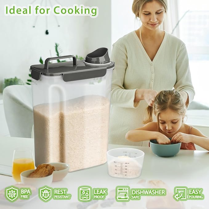 Viretec Rice Storage Container, 15 to 20lb Dry Food Airtight Dispenser, Pet Dog Cat Food Canister, BPA Free Clear Plastic Kitchen and Pantry Bin for Oatmeal, Cereal, Pasta, Flour Pack of 2 Grey