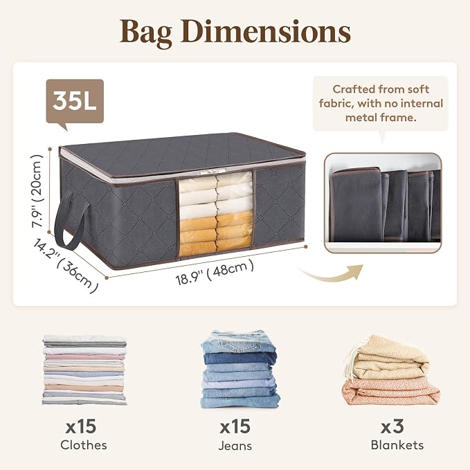 Lifewit 3 Pack 35L Clothes Storage Bins with Lids, Foldable Blanket Storage Bags with Zippers, Clear Window and Reinforced Handles, Closet and Organization for Clothing, Sweater, Comforter, Bedding