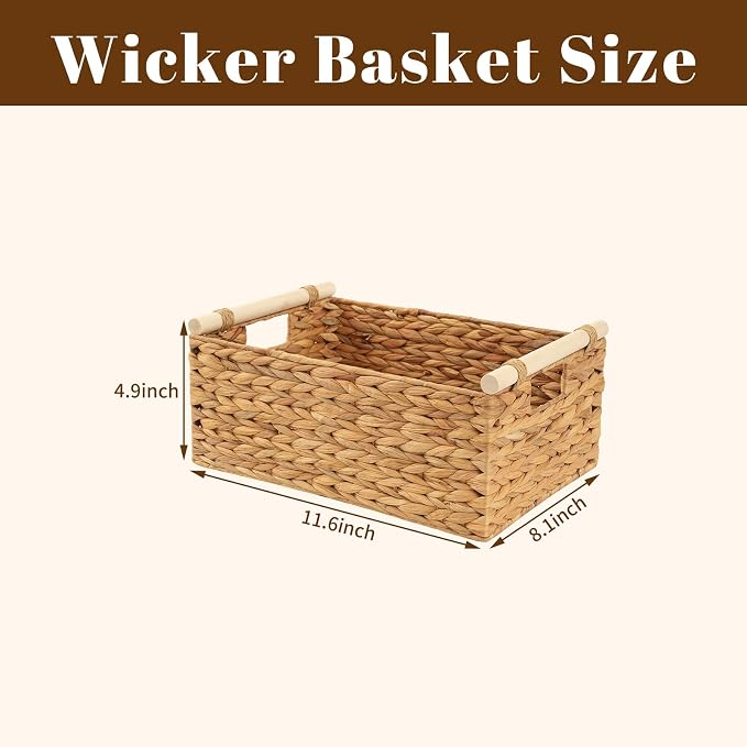 Woven Storage Basket, Small Wicker Organizer, 11.6x8.1x4.9 | 11.6x8.1x4.9" small natural woven basket with handles; compact wicker organizer for shelves, pantry, bathroom and gifting.