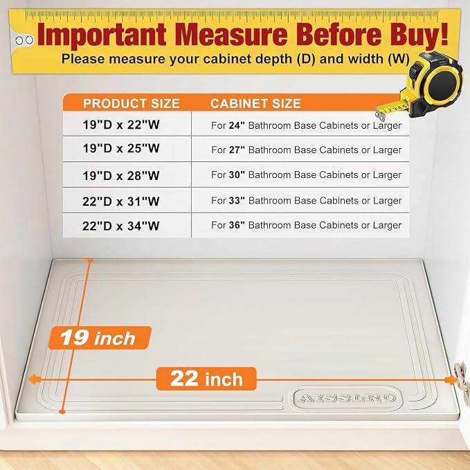 Under Sink Mat 22 X 19, Waterproof Silicone Cabinet Kitchen Liner, Beige | BPA-Free Raised-Edge Cabinet Protector & Leak Tray for Bathroom Cabinets, Boots, Pet Feeding Dog & Cat Mats, Dishwasher Safe