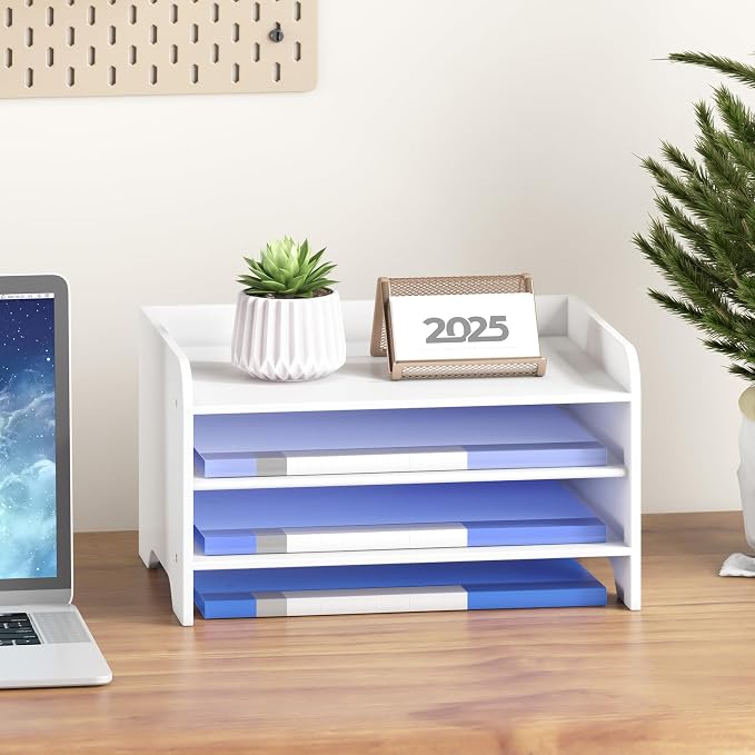 Bamboo File Organizer for Desk, Paper Tray with Pen Holder | Open tiers and a pen holder sort Letter/A4 paper, folders and office supplies while keeping your workspace clutter-free
