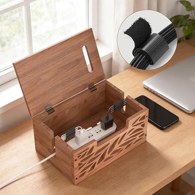 Wooden Cable Management Box, Large Cord Hider Box, Cord Box | Cable Organizer Box for Power Strips, Electrical Cords, Desk & Floor Cables Suitable for Home & Office