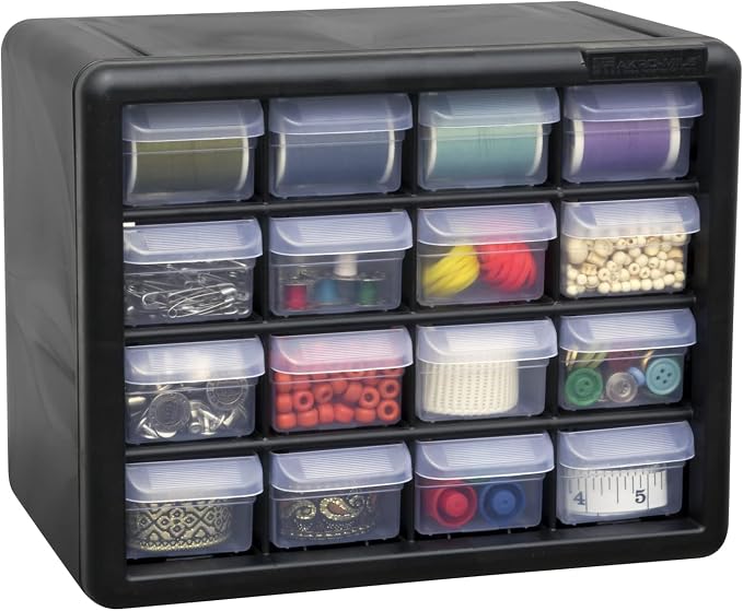Akro-Mils 16-Drawer Plastic Storage Cabinet | 10-1/2 x 6-1/2 x 8-1/2 Inch | Black | Model 10116 | Garage Organization