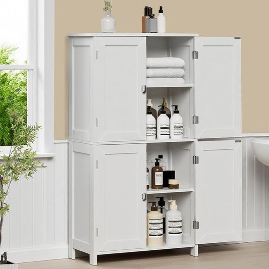 Bathroom Cabinet with Adjustable Shelf Freestanding Storage Cabinet with 2 Doors Wooden Organizer Floor for Bathroom Kitchen and Living Room (White, 4 Doors)