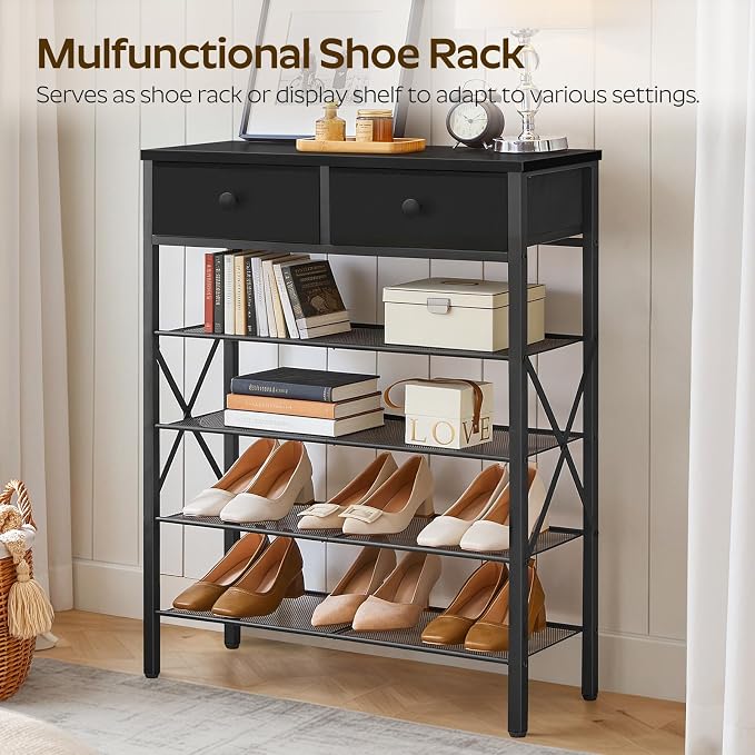 5 Tier Shoe Rack, Large Capacity Shoe Storage Organizer, Metal Shoe Shelf with Drawer and Wooden Top, for 20 Pairs of Shoes, for Entryway, Closet, Black SS25BB