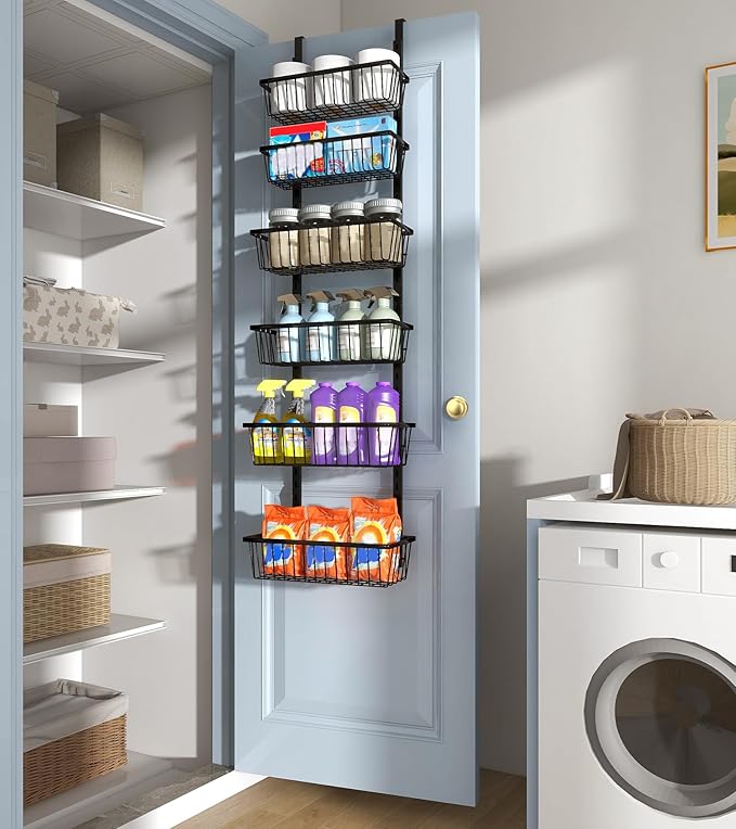 Mefirt 12 Inch Wide Narrow Over The Door Pantry Organizer 6-Tier Black | Pantry Hanging Organizers and Storage, Adjustable Heavy-Duty Metal for Home & Kitchen, Back of Door Seasoning Rack