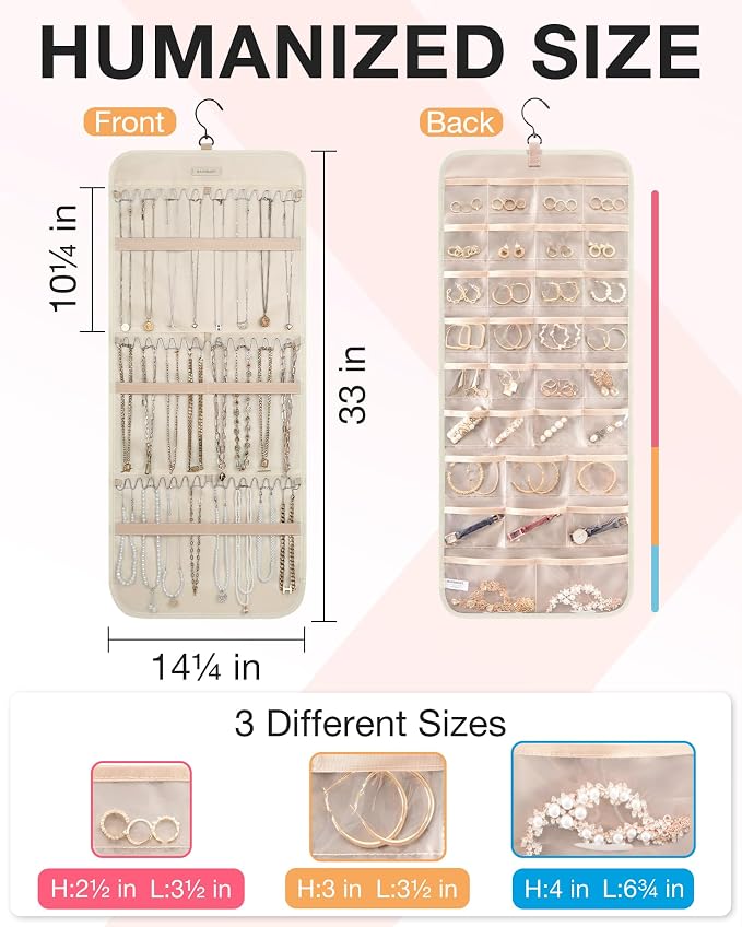 BAGSMART Hanging Jewelry Organizer Necklace/Earring/Ring 2-Sided L Beige | Jewelry Holder Organizer Storage with Hanger Metal Hooks Double-Sided Jewelry Holder on Closet, Wall, Door