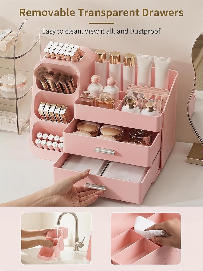 Booklov Large Makeup Organizer for Vanity Countertop, Pink | Plastic Cosmetic Display Case with Drawers, Beauty Brush Holder for Bathroom Counter, Skin Care Perfumes Storage
