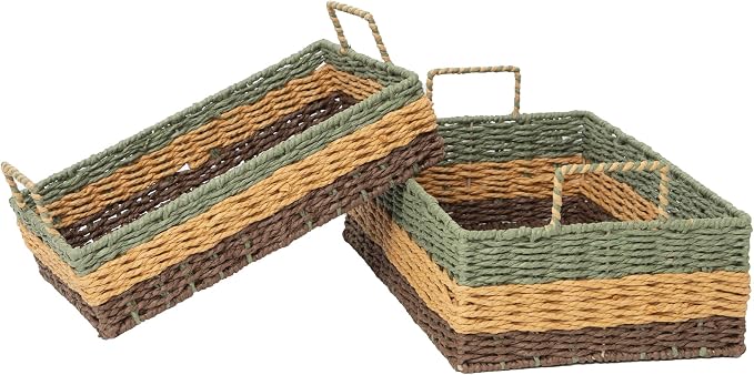 Handmade Rectangle Woven Paper Rope Storage Basket with Iron Frame,Basket with handles for Home Decor, Shelf & Desktop Organizing (Mix green yellow brown)
