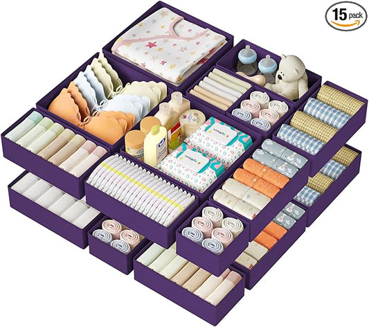 DIMJ Drawer Organizer Clothes 15 Pack - Foldable Baby Organizers and Storage & Dresser Organizer for Bedroom, Closet - Nursery Organization Dresser Dividers for underwear, Sock,Bra, Belt, Tie, Purple