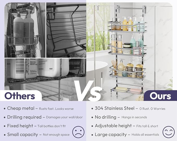 SWTYMIKI Over the Door Shower Caddy - 4 Tier Adjustable Shower Organizer Hanging with Soap Holder, No Drilling Stainless Steel Bathroom Rack Hanging for Body Wash, Shampoo, Soap, Razor, Silver