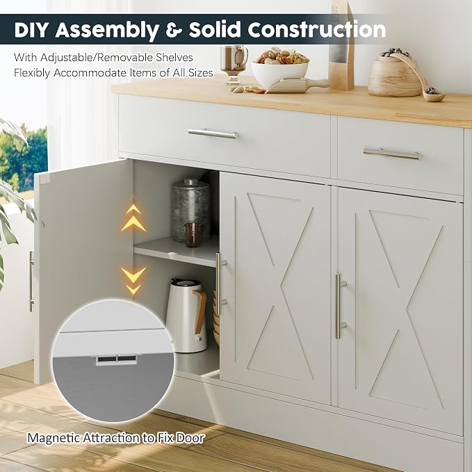 Kitchen Buffet Sideboard Cabinet with Storage, Farmhouse Kitchen Cabinet with 3 Doors and 2 Drawers, Coffee Bar Cabinet with Storage for Living Room, White