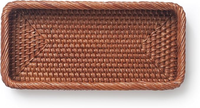 Rattan Bathroom Vanity Trays Toilet Tank Baskets Long Narrow Hand Towel Storage Basket for Storage, Decorative (Honey Brown 10.2 x 4.9 x 1.6 inch)
