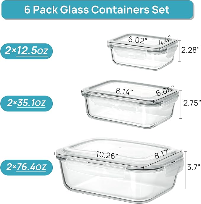 Vtopmart 2.26L/76oz Extra Large Glass Food Storage Containers with Lids, 6 pack Meal Prep Container Set, Airtight Lunch Boxes with Snap Locking Lids for Microwave, Oven, Freezer, Dishwasher | Meal Prep Container Set, Airtight Lunch Boxes with Snap Lock...