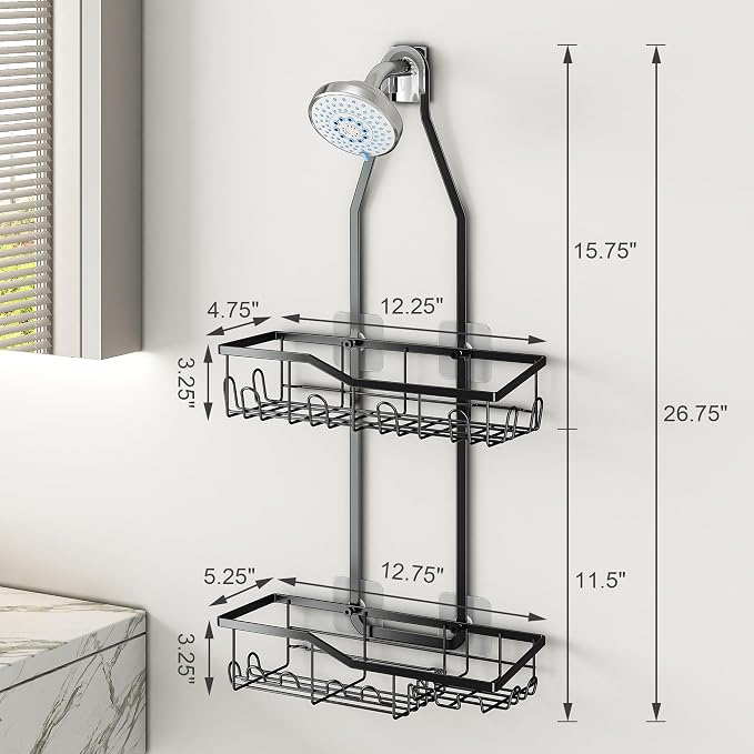 Shower Caddy Hanging,Rustproof Anti-Swing Shower Organizer,2 Tier Hanging Bathroom Caddy Anti-swing and Non-slip,Bathroom Organizer with 18 Hooks for Razor/Sponge (Black, Large)