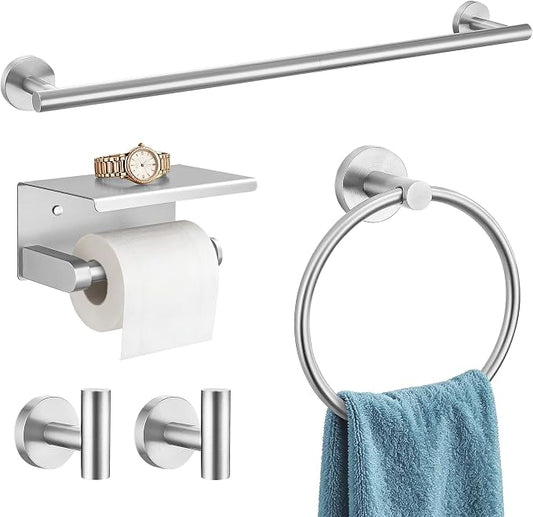 TURS Brushed Nickel 5-Piece Bathroom Hardware Set Towel Bar Set SUS304 Stainless Steel Towel Racks for Bathroom Wall Mounted, 23.6-Inch