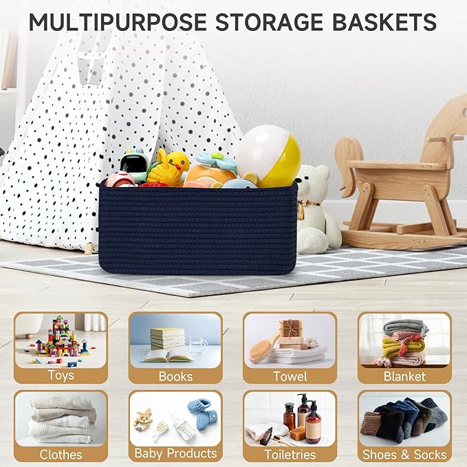 3-Pack Storage Baskets for Organizing | Woven Shelf Toy Basket | Rope Baskets for Gifts Empty | Closet Organizer Bins with Handles | Cube Decorative Box | 13.7×7.1×6.7” | Navy Blue