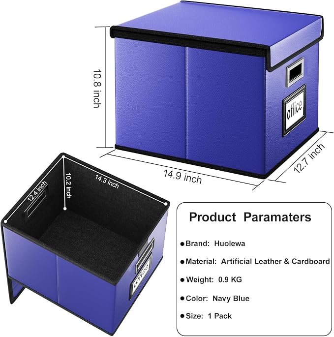 File Organizer Box with Lids, Collapsible File Folder Organizer | File Box with Plastic Slides for Document, Filing Bin for Letter Size Hanging File Folders (1 Pack, Navy Blue, Leather)