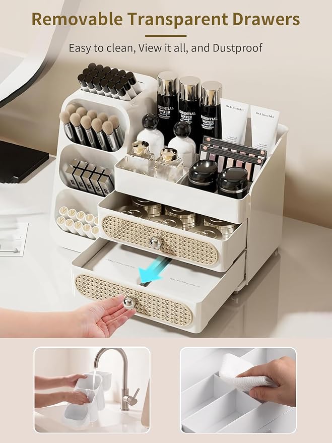 Booklov Large Makeup Organizer for Vanity Countertop, White | Plastic Cosmetic Display Case with Drawers, Beauty Brush Holder for Bathroom Counter, Skin Care Perfumes Storage