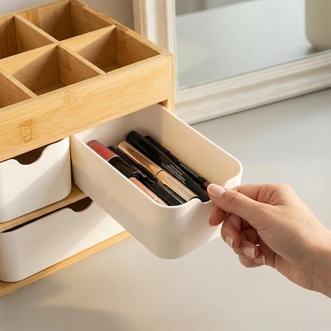 Small Bamboo Makeup Organizer（5.7" D x 8" W x 7.5" H） | Dresser Cosmetic Organizer Box Bamboo Desk Organizer for Home, Adjustable Dividers 3 Drawers