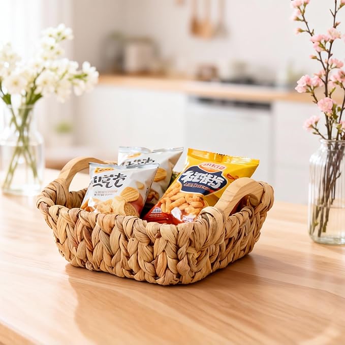 Square Small Water Hyacinth Wicker Basket for Organizing | Decor Woven Storage with Wooden Handles, Perfect for Shelves, Snack, Countertops or as Gift Basket