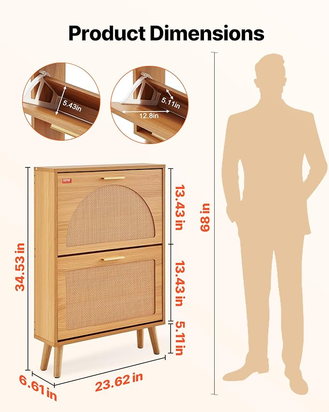 VEVOR Shoe Cabinet with 2 Flip Drawers, Shoe Storage Cabinet for Entryway, Free Standing Shoe Storage Organizer with Rattan Doors for Heels, Boots, Slippers in Hallway, Living Room