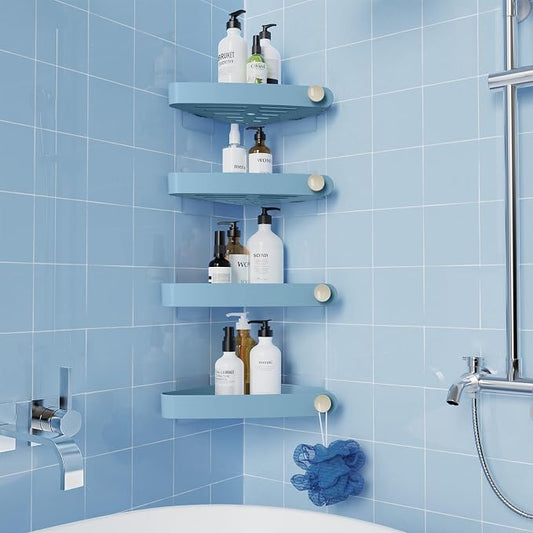 Sotfamily Plastic Shower Caddy Corner (for 90° Only), 4 Pack, Light Blue | Adhesive Corner Shower Shelves for Bathroom Organizers and Storage, Bathroom Decor, No Drill, Rust Free