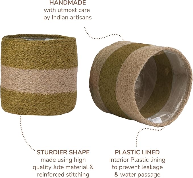 Jute Small Plant Pots Set of 2, 6.5 inches- Olive & Natural | Jute Planter Basket-Woven Rope Covers for Decorating Indoor/Outdoor Succulents Multi-Purpose Storage Bins Modern Style Decor