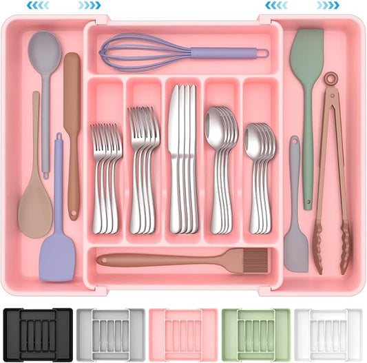 ukeetap Extra Large Expandable Silverware Organizer, BPA-Free Food-Safe Cutlery Flatware Organizer, Kitchen Utensil Drawer Organizer, Adjustable Silverware Holder for Spoons Forks Knives, Pink