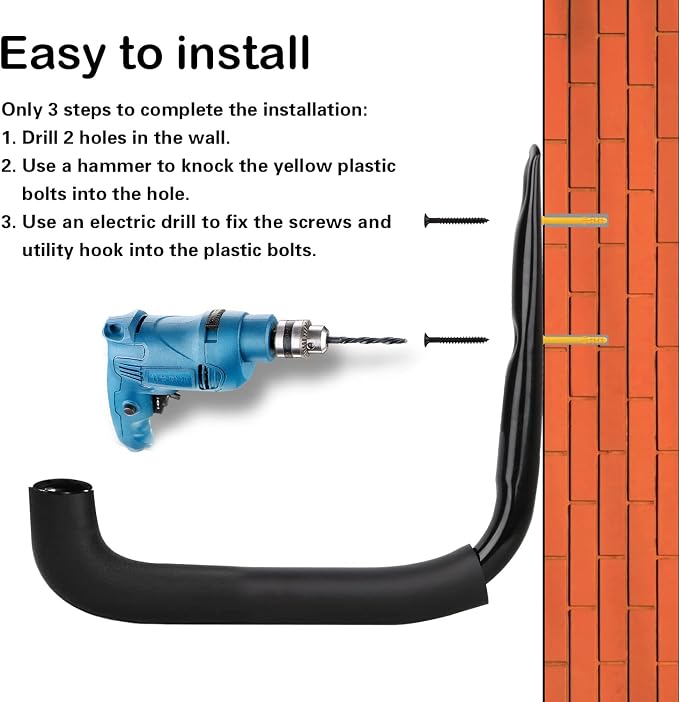 6 Pack 9-Inch Wall Mount Garage Storage Hooks for Ladder & Tools | Wall Mounted, Rust Resistant,Hooks with Installation, J Hooks for Ladder, Bike, Cable Bracket(Max 30 lbs)