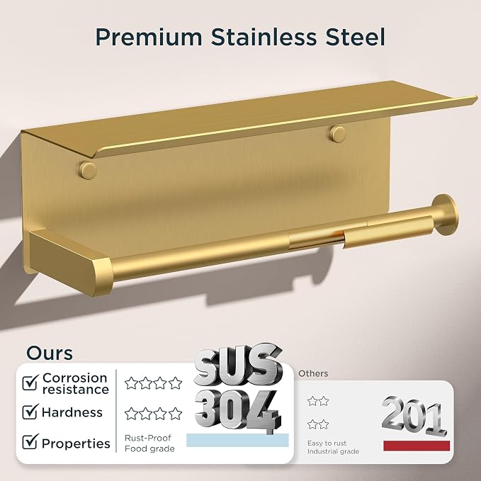 FORIOUS Wall Mount Paper Towel Holder with Shelf for Kitchen, Brushed Gold | Heavy Duty SUS304 Stainless Steel Paper Roll Organizer with Storage Spice Shelf, Screw-in for Bathroom, RV & Garage