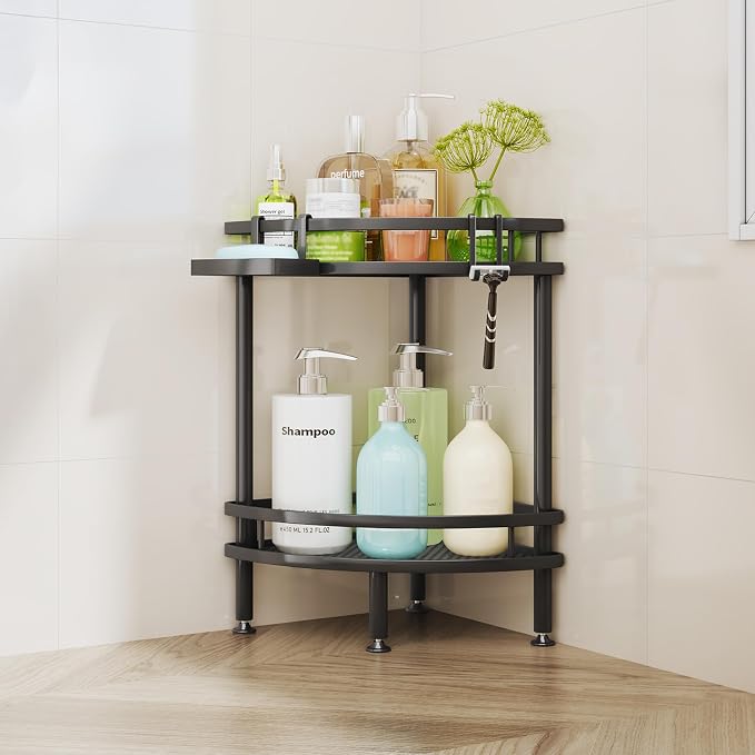 HapiRm Standing Corner Shower Caddy - 2 Tier Shower Organizer Corner with Soap Holder and 2 Hooks, Rustproof Bathroom Storage Shelves with Adhesives, Black