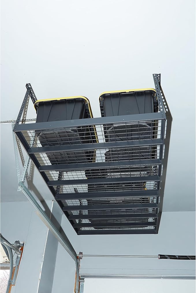 Klutch Overhead Garage Storage Rack, 96in., 96in.L x 48in.D x 23-37in.H | Adjustable drop height, seasonal-item organization, floor-space savings, easy-access shelving, durable steel construction