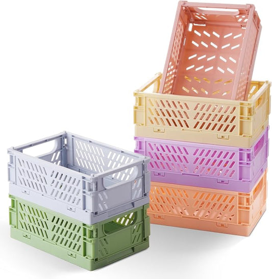 HUUSMOT 6-Pack Collapsible Small Plastic Storage Baskets, 5.9"x3.8"x2.2" | Pastel, Space-Saving, Collapsible Plastic Bins, Cute Mini Storage Crates, for Classroom, Kitchen, Office, Bedroom
