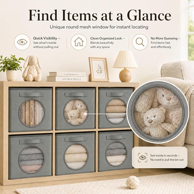 Storage Cubes with Mesh Window, 13'' Cube Storage Bin, Dark Gray, 4 Pack | See through Round window, Foldable Odor-Free & Sturdy PP Structure, Cubby Baskets for Closet, Shelves, Bedroom and Offices