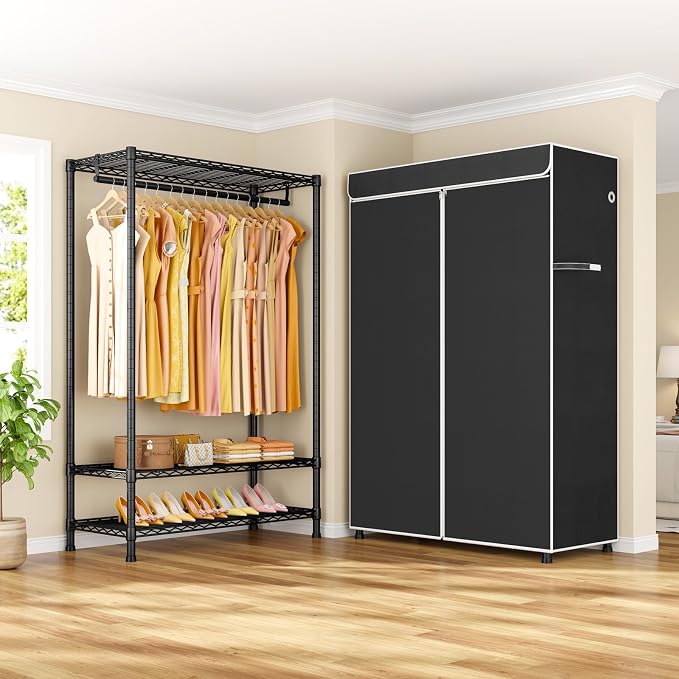 H5C Plus Clothes Rack with Cover, Covered Clothing Rack Heavy Duty | Garment Rack with Shelves, 3-Tier Portable Closets for Hanging Clothes, Max Load 370LBS, Black Closet Racks with Black Cover