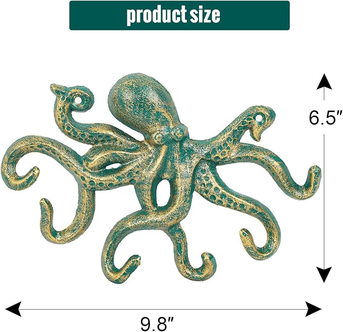 Sungmor Cast Iron Key Holder for Wall, Green Octopus Hanger with 6 Hooks, | Wall Hooks for Towel, Bathrobe, Necklaces, Purse, Dog Leashes, Bathroom Nautical Decor