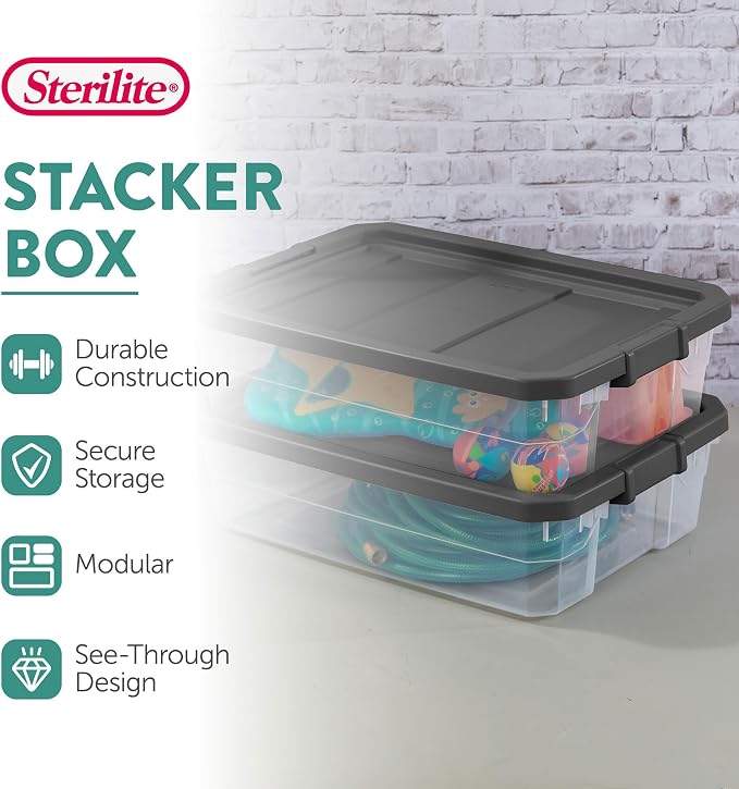 Sterilite 24-Pack Modular Stacker Box, Durable Clear Plastic Storage Bins with Latching Lids, 40 Quart - Stackable Organizing Container Boxes for Closet, Bathroom, and Office