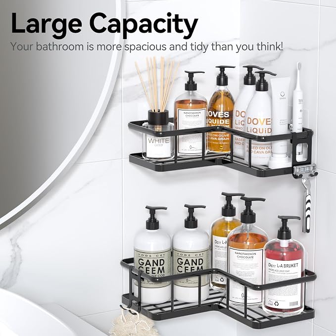 YASONIC Corner Shower Caddy Adhesive, 100% Rustproof Shower Organizer, No Drill Shower Shelf for Inside Shower, Wall-Mounted Shower Storage for Homes (2 Pack, Black)