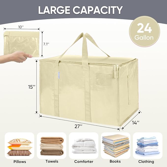 TICONN 8 Pack Extra Large Moving Bags Heavy Duty with Zippers & Carrying Handles, Durable Storage Bags Moving Boxes for Closet Organizers and Storage (8 Pack, Cream)