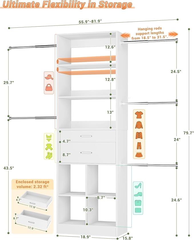 Besiost Small Closet System 3.2-6.8FT Closet Organizer with Wooden Drawers | Built-in Closet Organizer System with 5 Hanging Rods, Can Fit 37.5 to 81.9 inch Walk-in Closet System