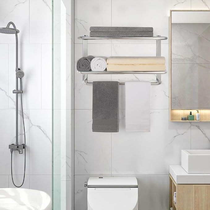 Towel Rack for Bathroom, DEWVIE 23 Inch Tower Holder with Tower Bars, SUS 304 Stainless Steel Lavatory Bath Towel Shelf Towel Hanger Wall Mount, 3-Tier (Brushed Nickel)