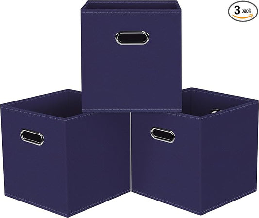 Black Foldable Storage Cubes Bins, Fabric Storage Box Cubes Organizer Baskets with Dual Handles for Home Organizer,Set of 3,(Navy Blue)