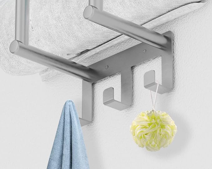 Bethom Towel Racks for Bathroom Wall Mounted with 3 Hooks, Brushed Nickel | Stainless Steel Towel Rack with Shelf, Towel Storage Holder Wall for Large Rolled Towels
